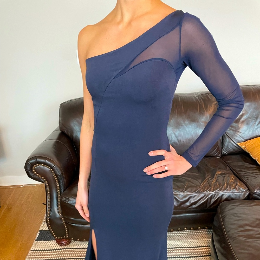 TFNC London One Shoulder Navy Mesh Dress for Wedding, Gala, Prom